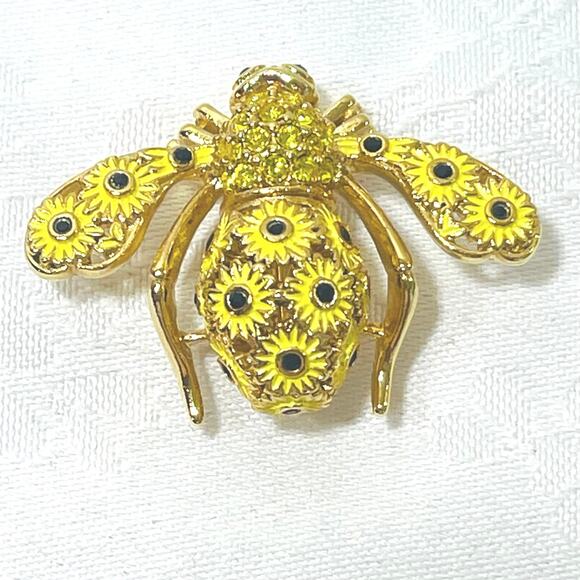 Vtg JOAN RIVERS Sunflower Bee Pin Brooch Crystal Yellow Green Classic Collection - Picture 5 of 11